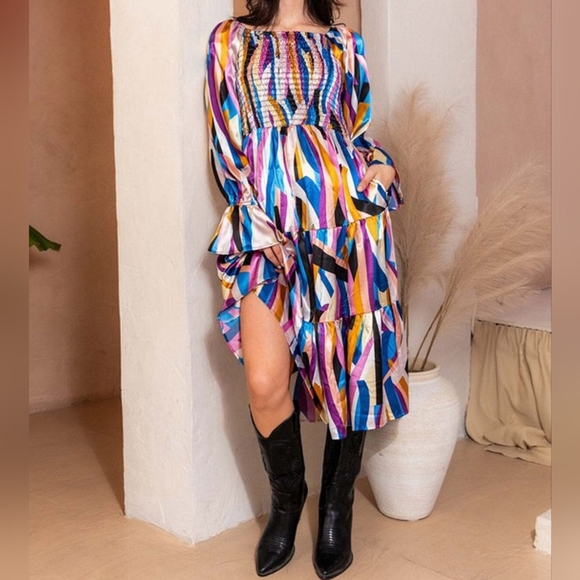 Off Shoulder Long Sleeve Smock Front Pockets Tiered Midi Dress Royal Multi - Picture 1 of 12